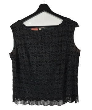 Vintage Black Beaded Lace Top Lined Medium Regalia Imports Fringe Sleeveless 40